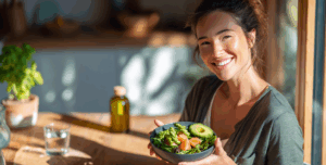 Vrouw met salade bowl