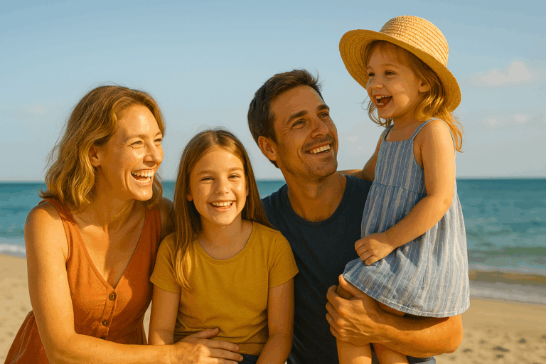 Moeder, vader en twee kinderen op het strand