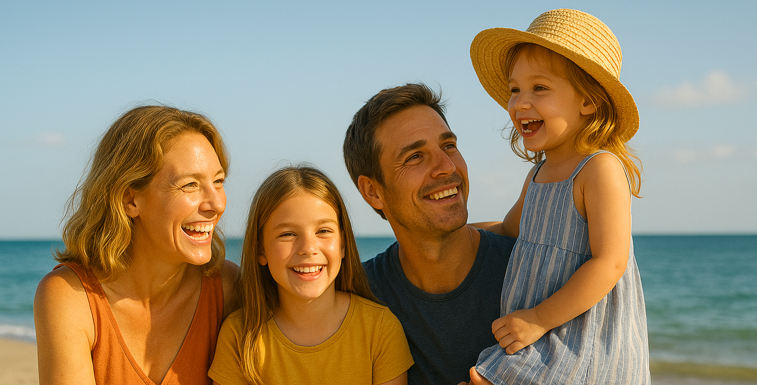 Omega 3 in de zomer: waarom stoppen geen optie is 1 Moeder, vader en twee kinderen op het strand
