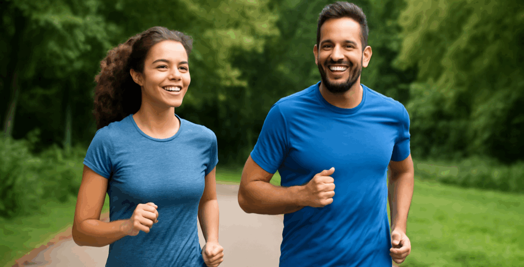 vrouw en man aan het hardlopen in het bos