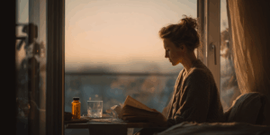 Rust en balans: de kracht van omega 3 voor je mentale welzijn 3 Een vrouw zit rustig bij het raam, lezend met een glas water en een potje omega 3 capsules op tafel – een serene sfeer die mentale gezondheid en een gezonde levensstijl uitstraalt