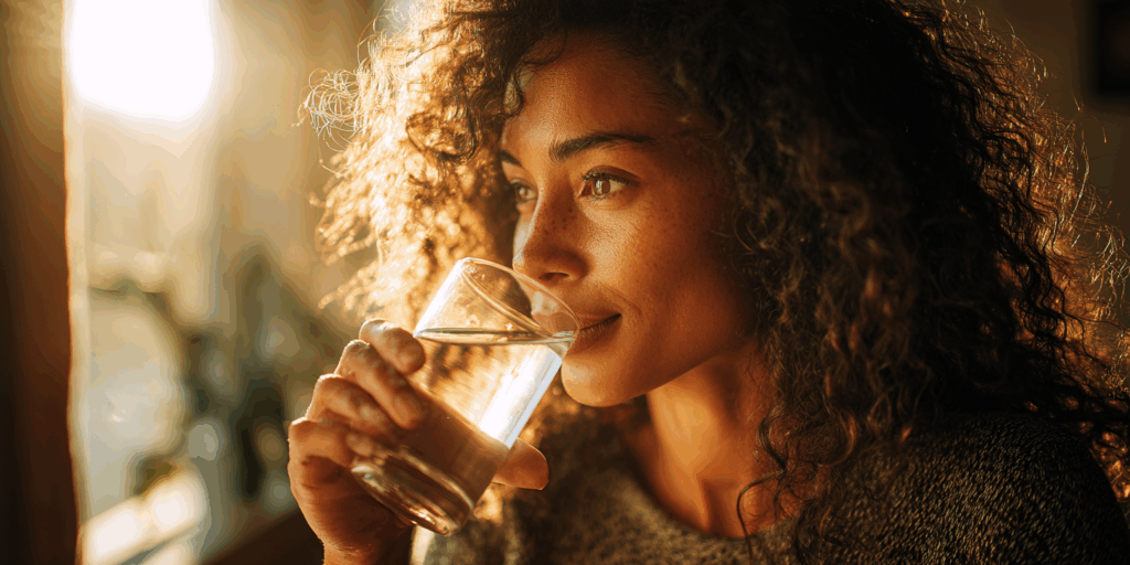 Vrouw met stralende huid drinkt een glas water bij natuurlijk licht, symbool voor gezonde hydratatie