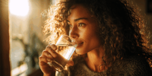 Vrouw met stralende huid drinkt een glas water bij natuurlijk licht, symbool voor gezonde hydratatie