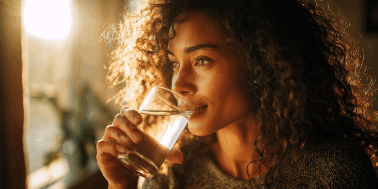 Vrouw met stralende huid drinkt een glas water bij natuurlijk licht, symbool voor gezonde hydratatie