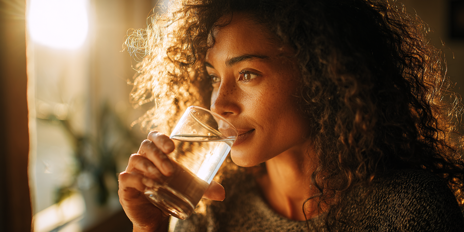 Vrouw met stralende huid drinkt een glas water bij natuurlijk licht, symbool voor gezonde hydratatie