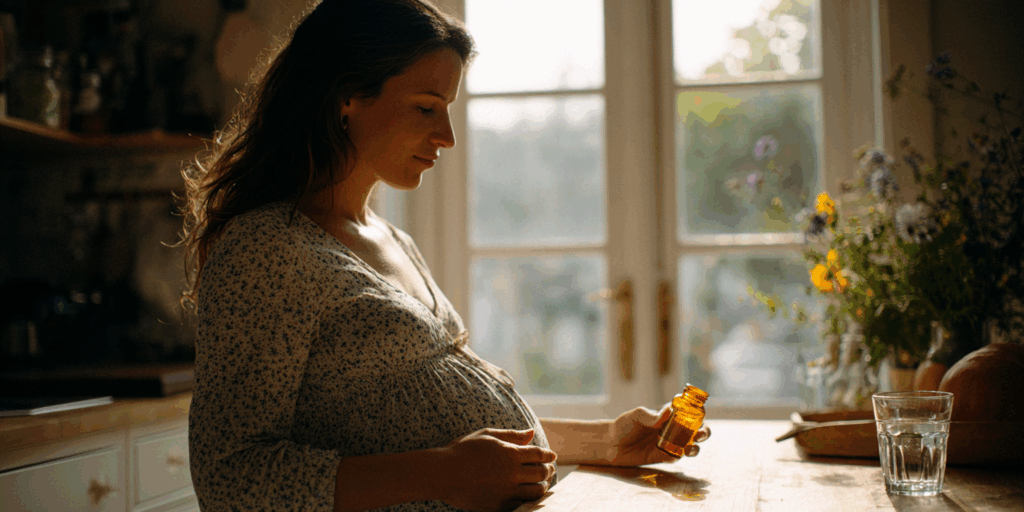 Zwangere vrouw die een visoliecapsule vasthoudt aan de keukentafel met een flesje Omega-3 supplementen en een glas water, in natuurlijk daglicht