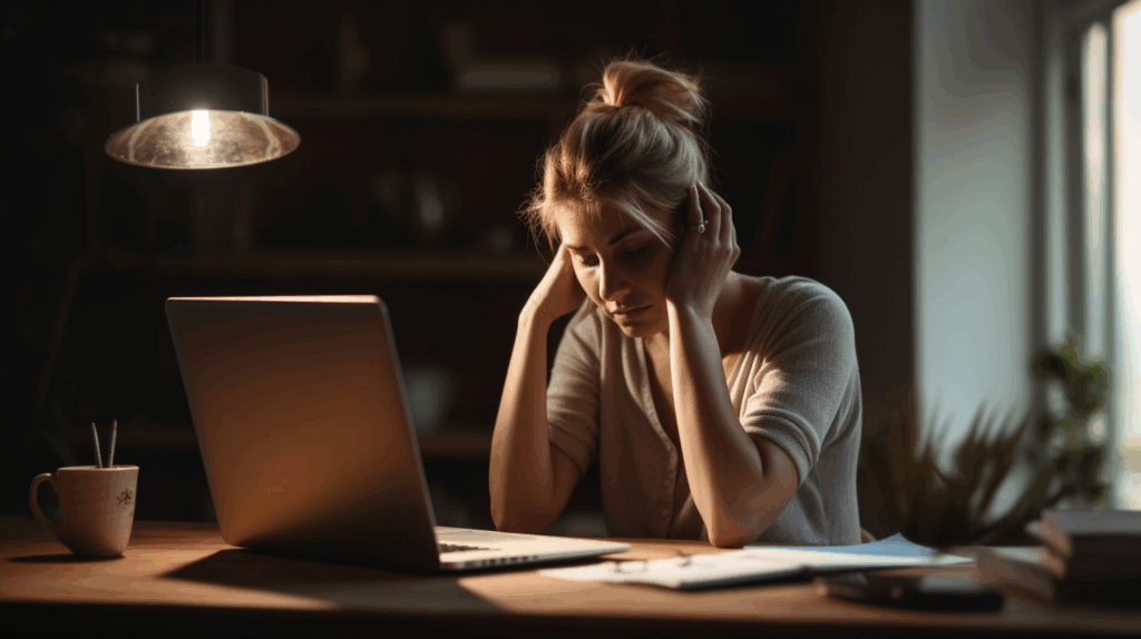 Wat doet stress met je lichaam? En wat te doen 26 Vrouw zit achter haar laptop met handen in het haar wegens stress