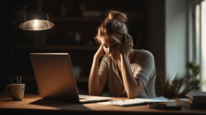 Vlaura7008_a_hyper_realistic_photo_of_a_woman_in_her_late_30s_a06e94df-02e9-4ae0-beb7-0eb64241f8dc_1 3 Vrouw zit achter haar laptop met handen in het haar wegens stress