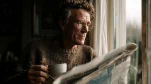 Vlaura7008_a_realistic_cinematic_photo_of_a_man_in_his_early__6f1577eb-58b8-46f1-b208-83273a205d91_0 3 Man zit bij het raam met een kop koffie en leest de krant