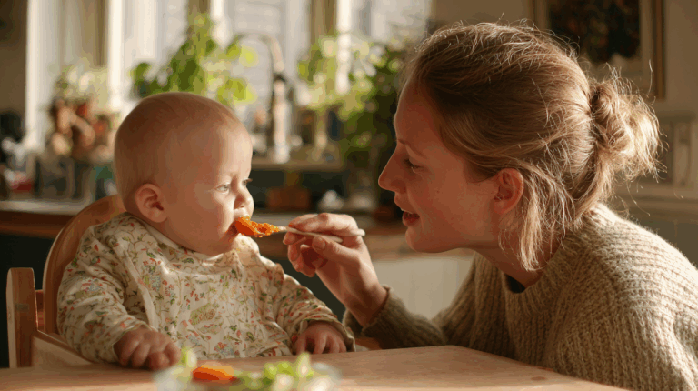 Vrouw die baby eten geeft via de lepel