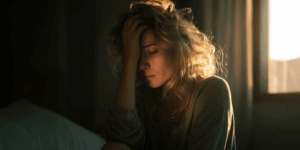 U8457156753_a_realistic_editorial_photo_of_a_tired_woman_sitt_667e9dc8-81af-4739-b3c1-24d52215a795_1136 3 Vrouw met hand in het haar