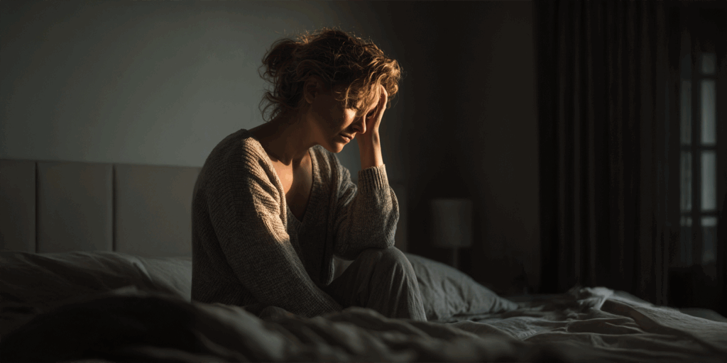 Woman sitting tired on bed
