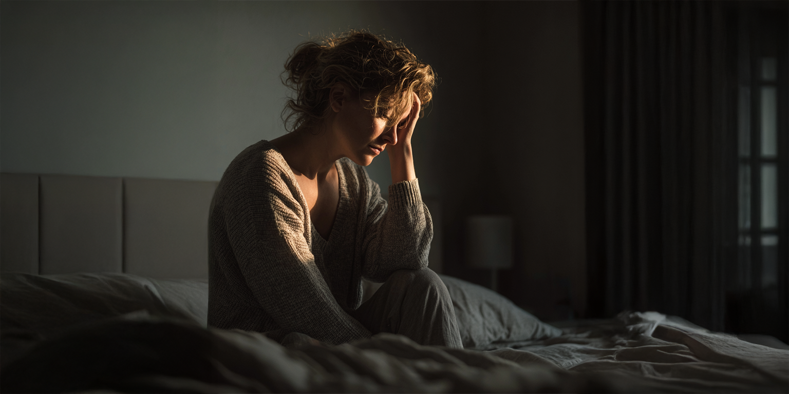 Woman sitting tired on bed