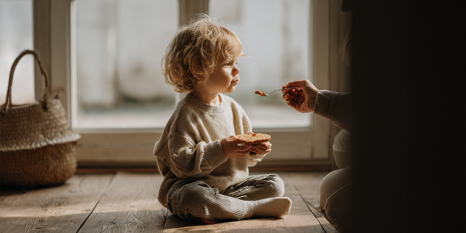 Small child receiving a spoonful of food